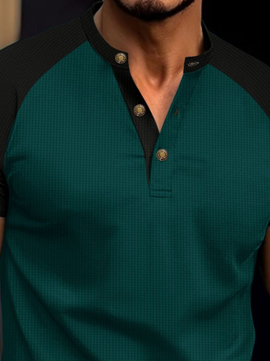 Men's Full Size Waffle-Knit Round Neck Contrast Polo Plus Size - Opulent Empire