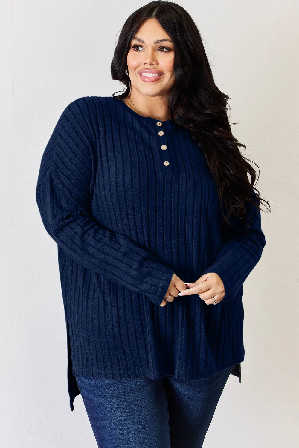 Noa Rousseau — Basic Bae Full Size Ribbed Half Button Long Sleeve High-Low T-Shirt, alternate view 32