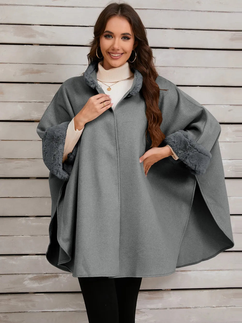 Quinn Versailles — Fuzzy Trim Long Sleeve Poncho, alternate view 12