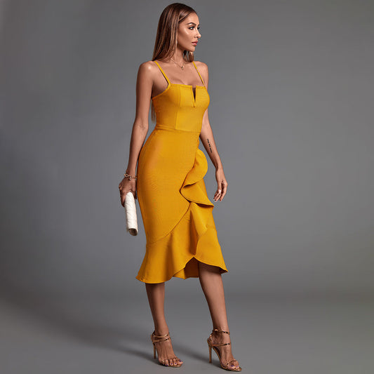 Strappy Sleeveless Frill Over Knee Bandage Dress - Opulent Empire