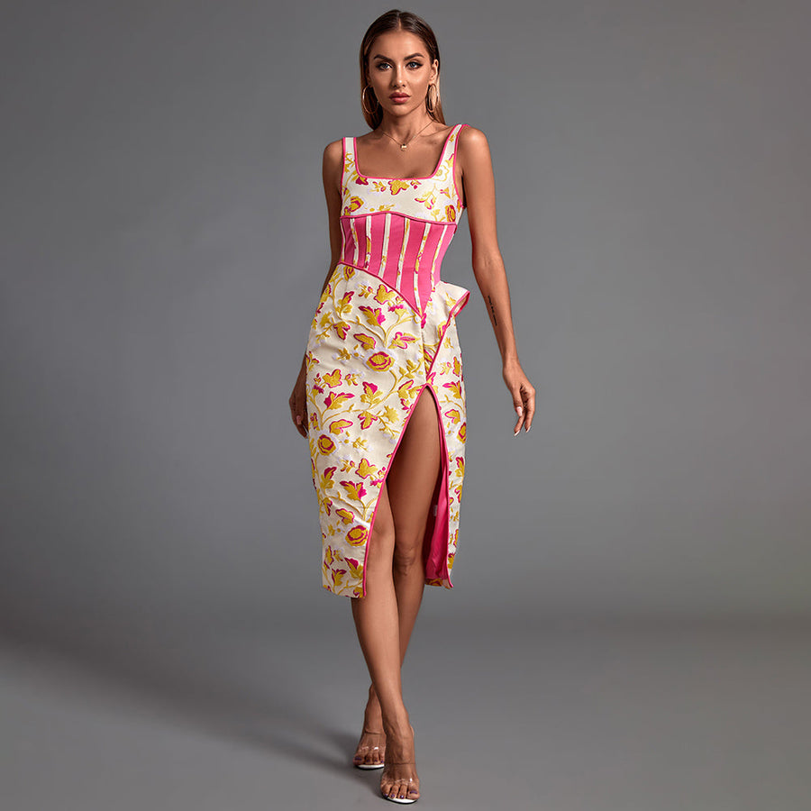 Elegant and sophisticated Maddison floral jacquard midi dress