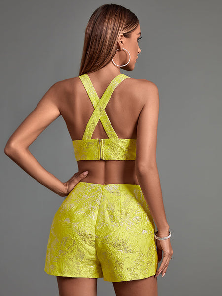 Elegant V-Neck Jacquard Shorts Set