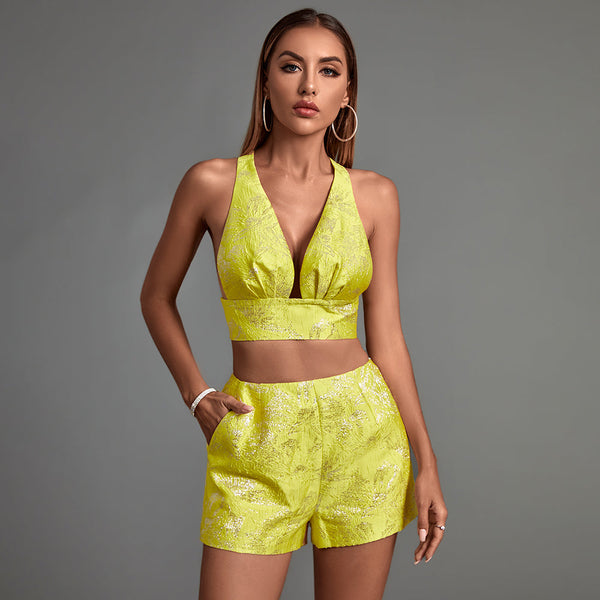 Elegant V-Neck Jacquard Shorts Set