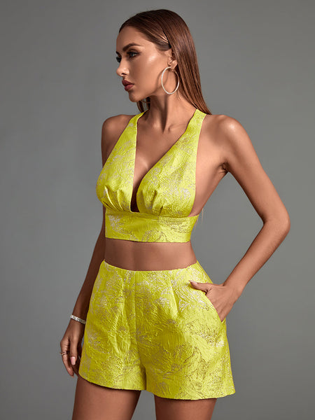 Elegant V-Neck Jacquard Shorts Set