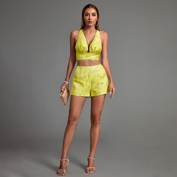 Elegant V-Neck Jacquard Shorts Set