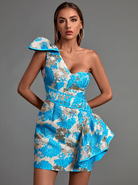 Mini bodycon dress with one-shoulder ruffle sleeveless