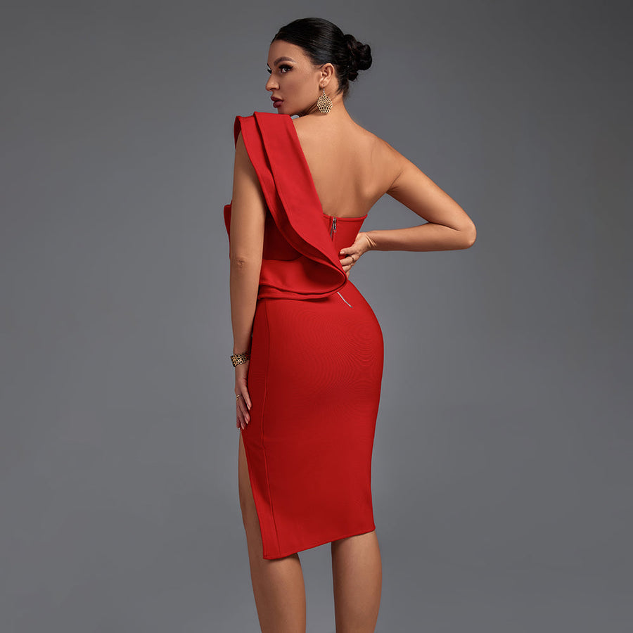 Chic One-Shoulder Sleeveless Frill Knee-Length Bandage Dress