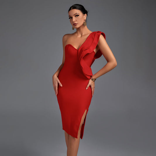 Chic One-Shoulder Sleeveless Frill Knee-Length Bandage Dress - Opulent Empire