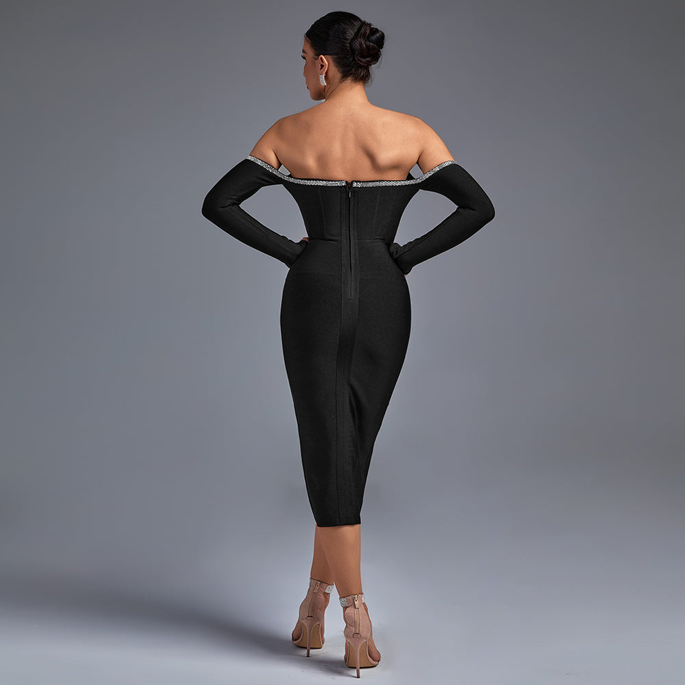 Jessamine Beaumont — Elegant Off-Shoulder Rhinestone-Embellished Midi Bandage Dress, alternate view 3