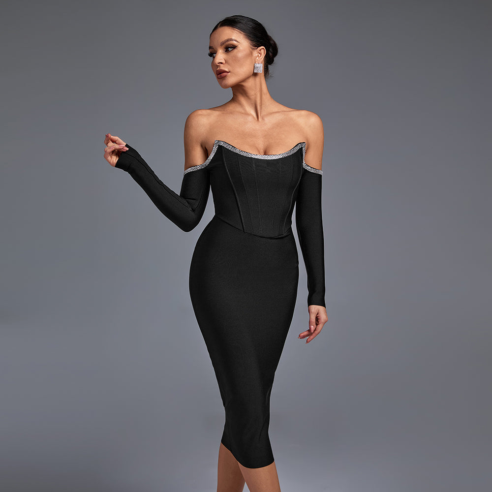 Jessamine Beaumont — Elegant Off-Shoulder Rhinestone-Embellished Midi Bandage Dress