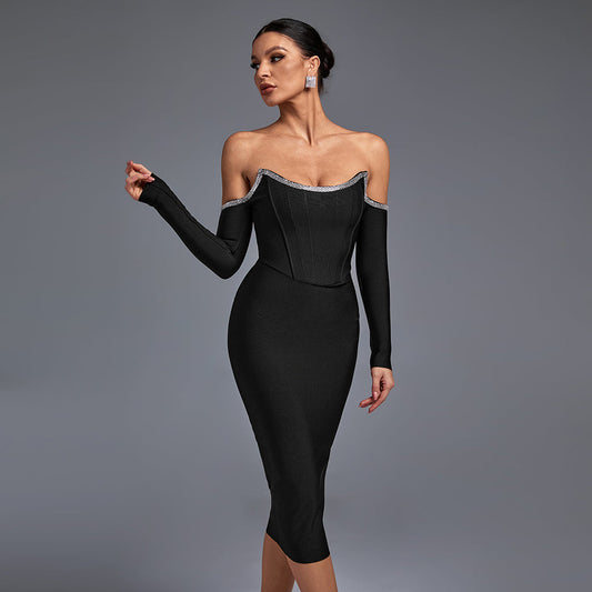 Elegant Off-Shoulder Rhinestone-Embellished Midi Bandage Dress - Opulent Empire