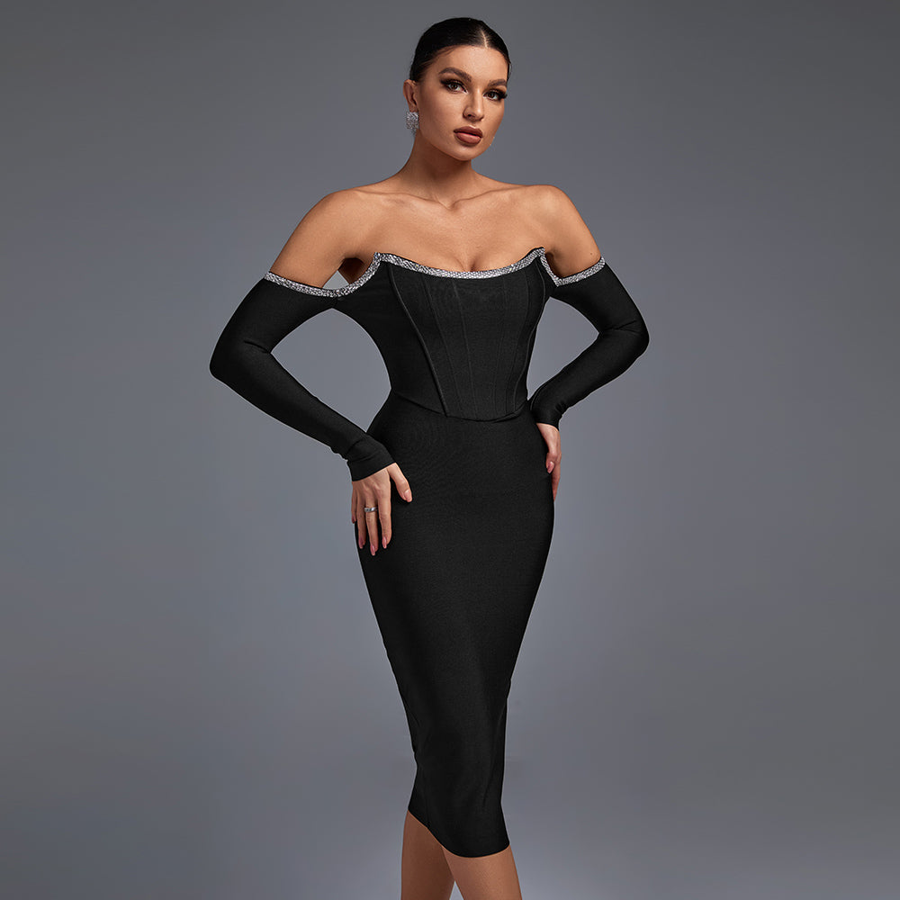 Jessamine Beaumont — Elegant Off-Shoulder Rhinestone-Embellished Midi Bandage Dress, alternate view 2