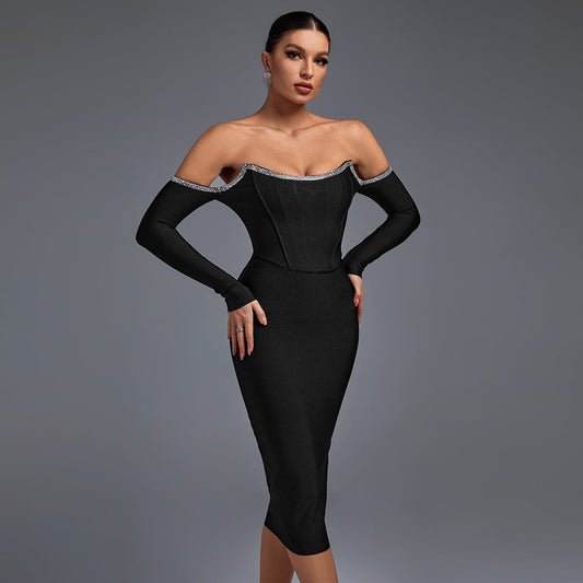 Elegant Off-Shoulder Rhinestone-Embellished Midi Bandage Dress - Opulent Empire