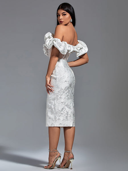 Elegant midi evening dress with off-shoulder neckline and pleats, bodycon fit