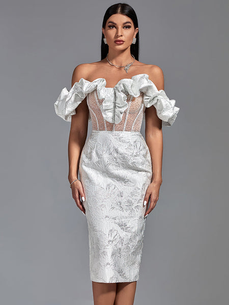 Elegant midi evening dress with off-shoulder neckline and pleats, bodycon fit