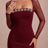 Élodie Noir — Sheer Mesh Sleeve Rhinestone High-Slit Bandage Dress, alternate view 6