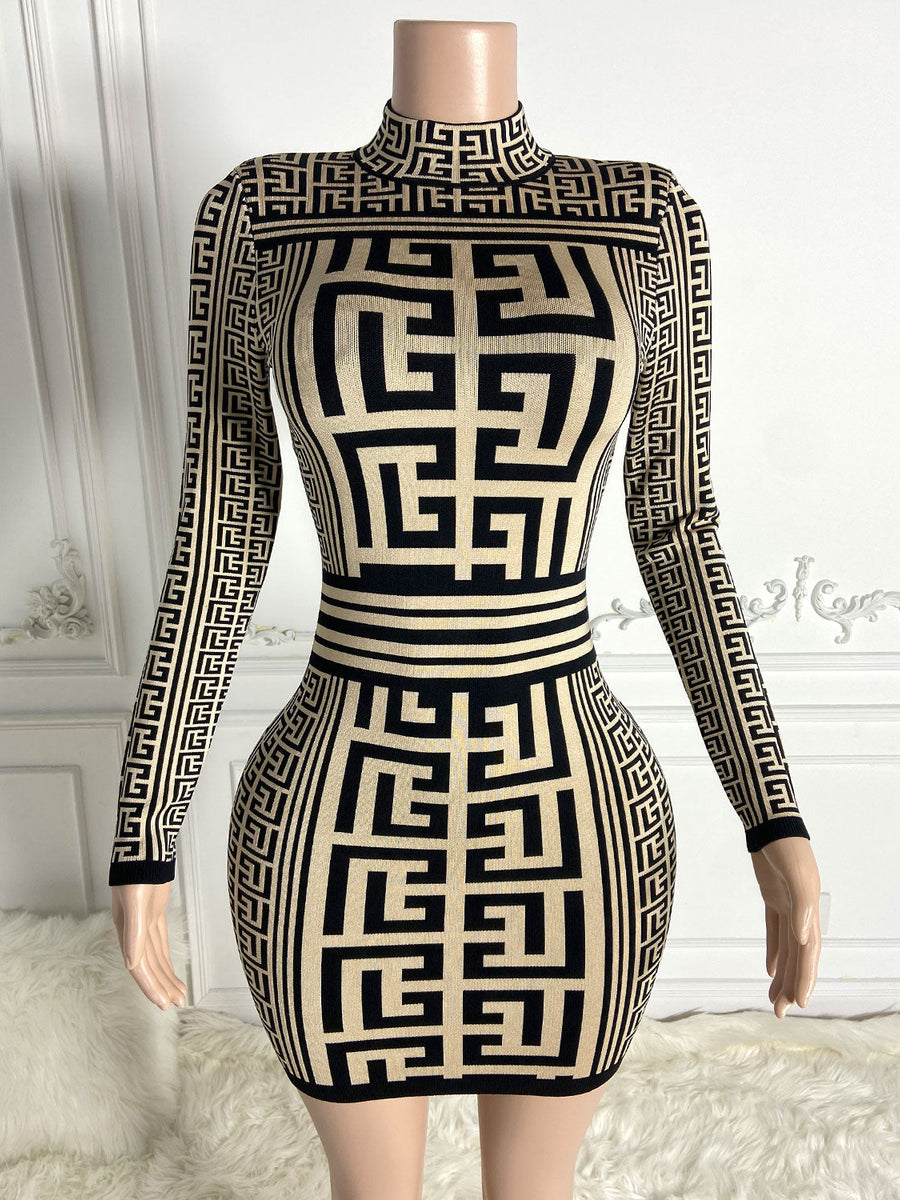 Fitted Dress with Turtleneck and Jacquard, Elegant Mini Design HT3048