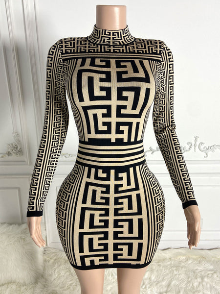 Fitted Dress with Turtleneck and Jacquard, Elegant Mini Design HT3048