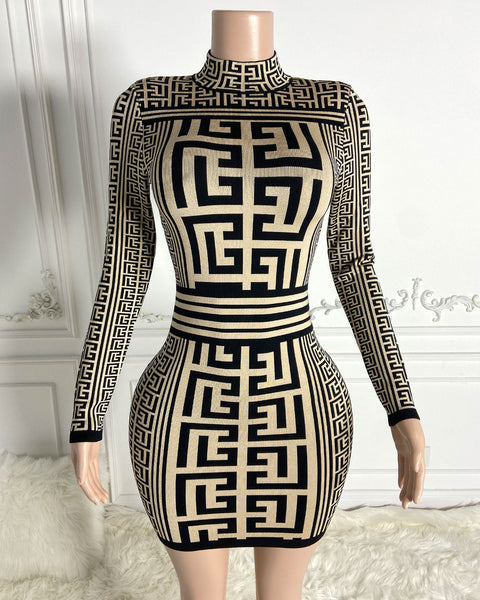 Fitted Dress with Turtleneck and Jacquard, Elegant Mini Design HT3048