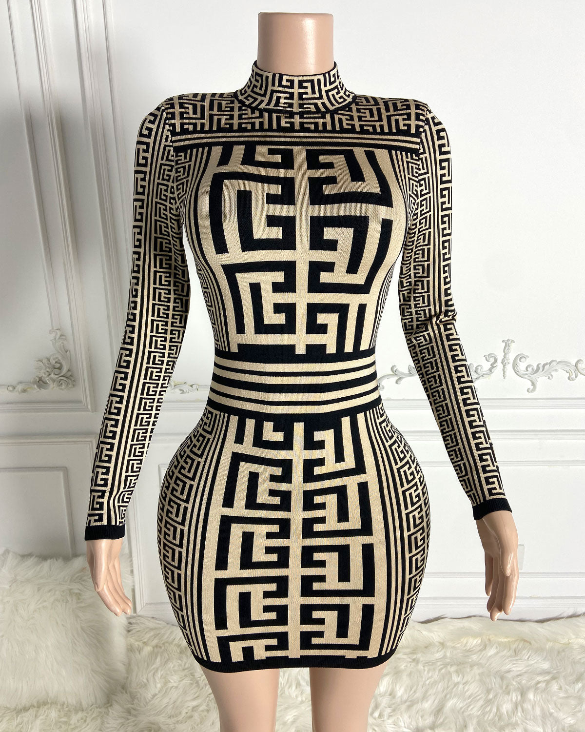 Quinn Marceau — Fitted Dress with Turtleneck and Jacquard, Elegant Mini Design HT3048, alternate view 2