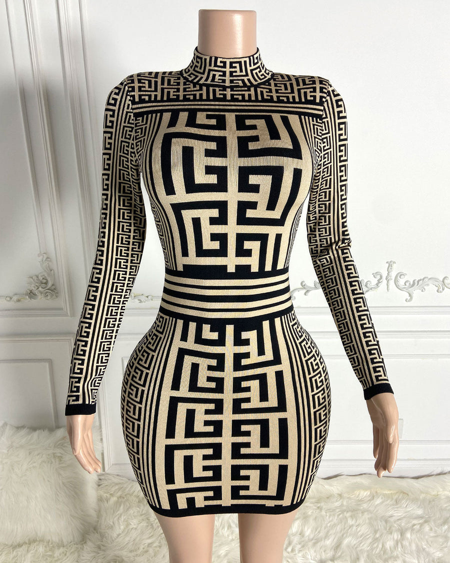 Quinn Marceau — Fitted Dress with Turtleneck and Jacquard, Elegant Mini Design HT3048, alternate view 2