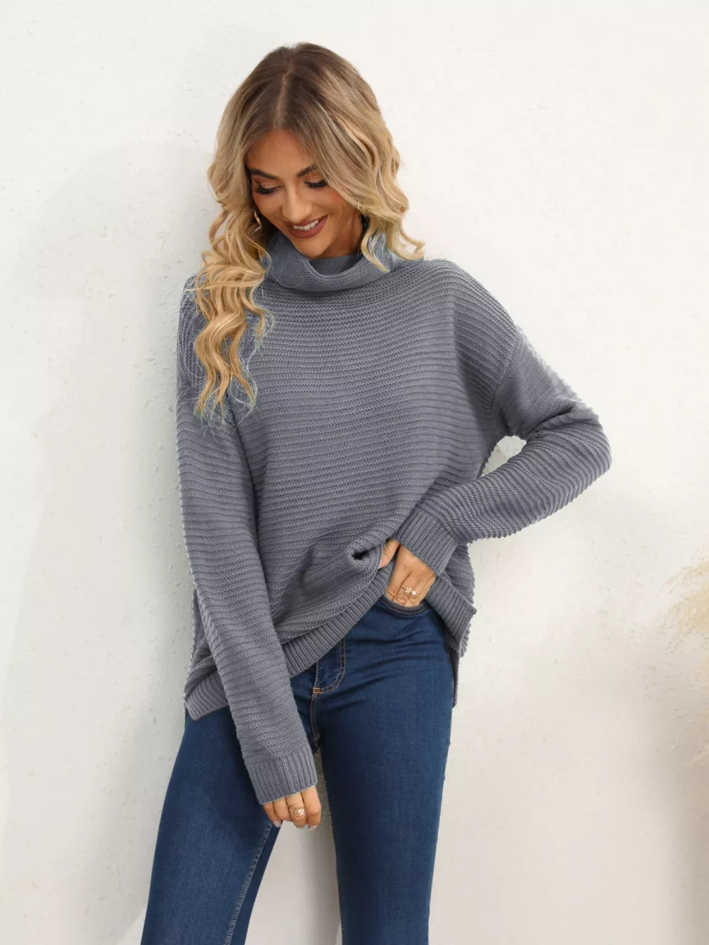 Monroe Fontaine — Slit Turtleneck Dropped Shoulder Sweater, alternate view 22