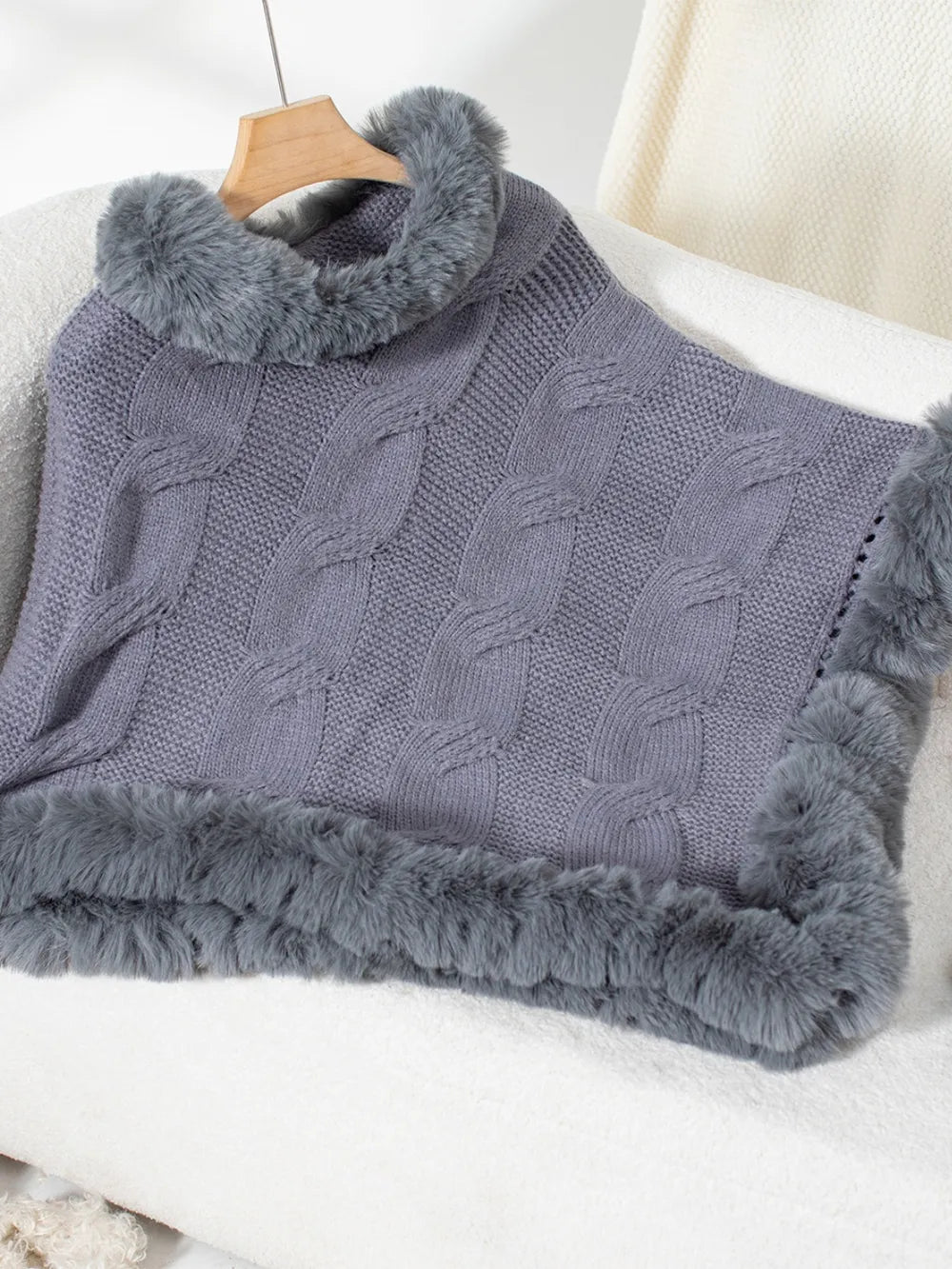 Cove Versailles — Fuzzy Hem Cable-Knit Poncho, alternate view 15