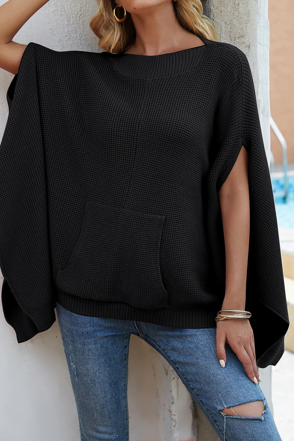 Hollis Versailles — Waffle-Knit Pocketed Cape Sleeve Sweater, alternate view 3