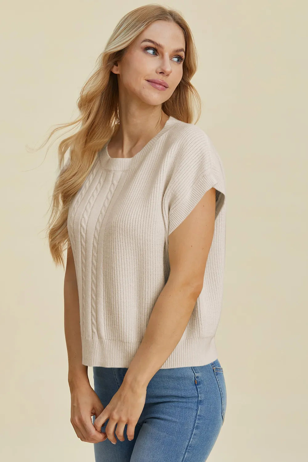 Quinn Fontaine — Double Take Full Size Cable-Knit Round Neck Short Sleeve Sweater, alternate view 4