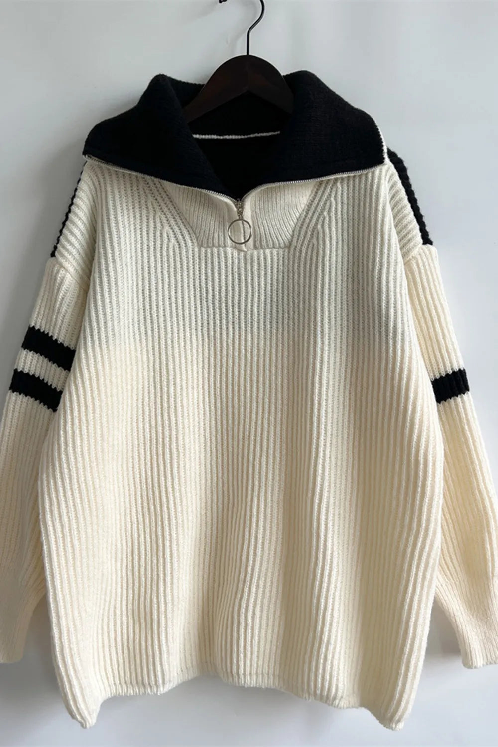Reese Valmont — Quarter Zip Striped Dropped Shoulder Sweater, alternate view 11