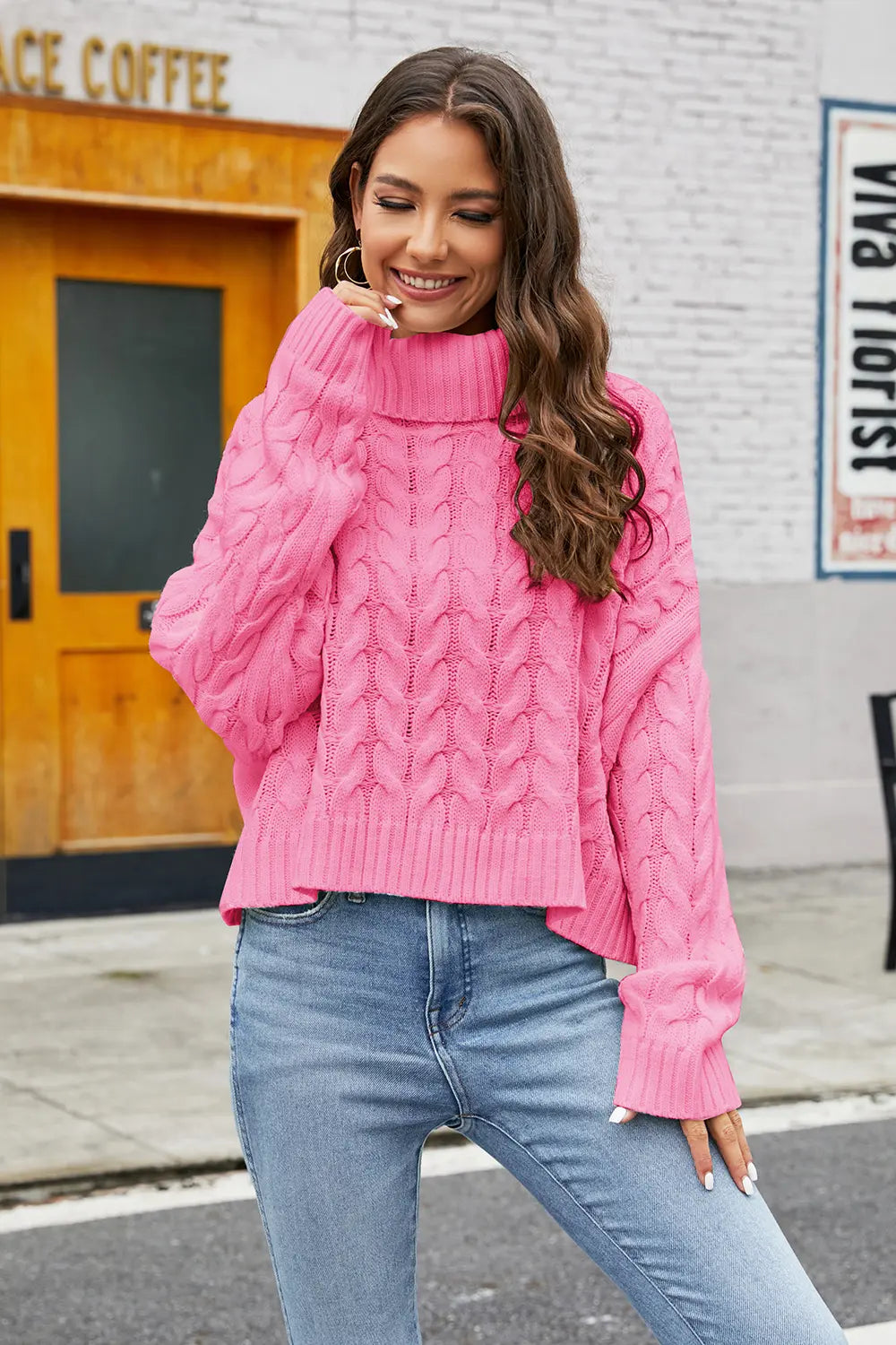 Marlowe Moreau — Turtleneck Cable-Knit Long Sleeve Sweater