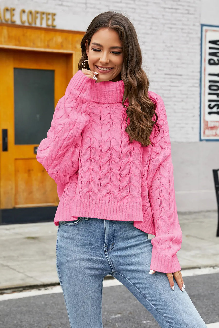 Marlowe Moreau — Turtleneck Cable-Knit Long Sleeve Sweater