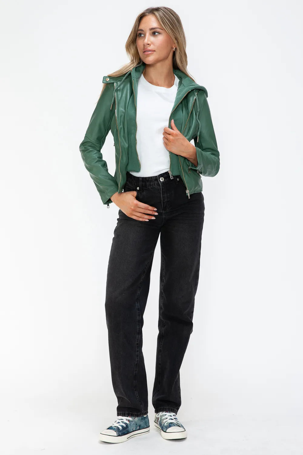 Winter Rosetti — Snobbish Faux Leather Zip Up Drawstring Hooded Jacket, alternate view 16