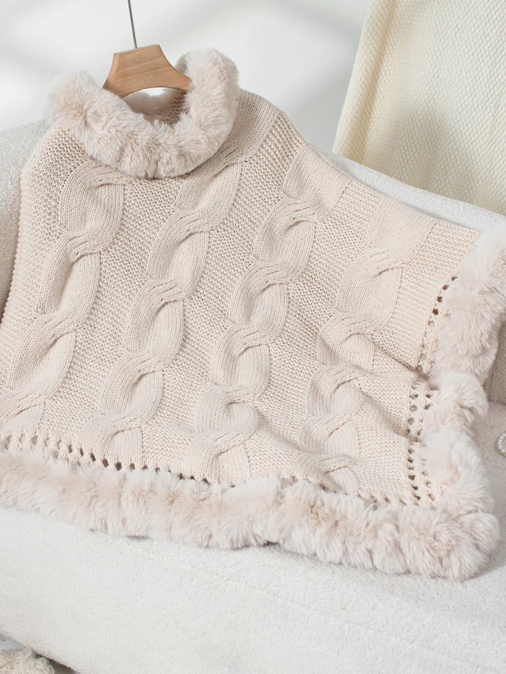 Cove Versailles — Fuzzy Hem Cable-Knit Poncho, alternate view 12
