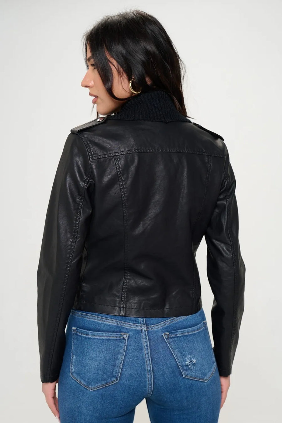 Marlowe Saint-Clair — Coalition LA Knit Collared Faux Leather Crop Jacket, alternate view 2