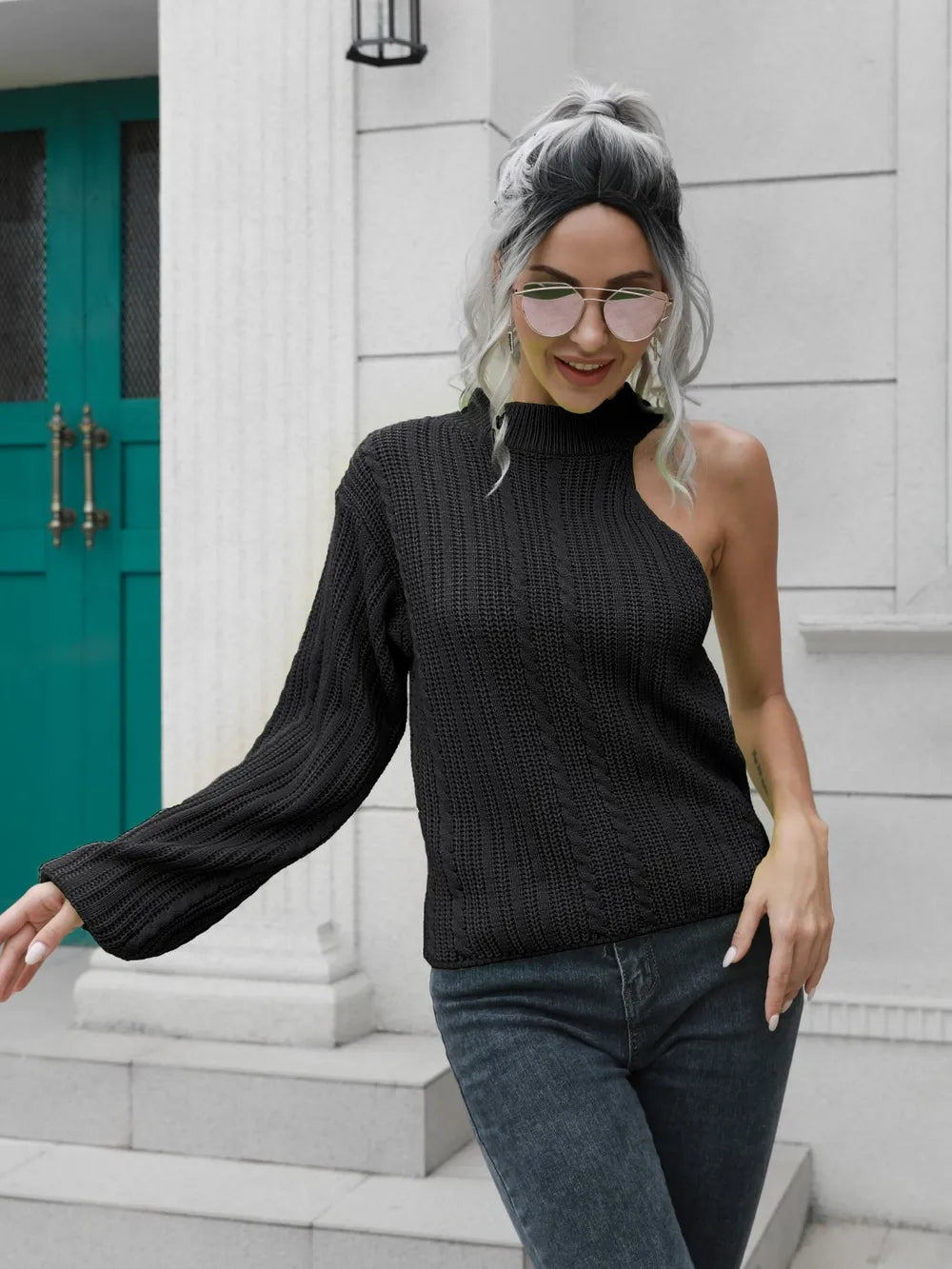 Sasha Valmont — Cable-Knit Round Neck Asymmetrical Sweater, alternate view 5