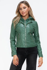 Winter Rosetti — Snobbish Faux Leather Zip Up Drawstring Hooded Jacket