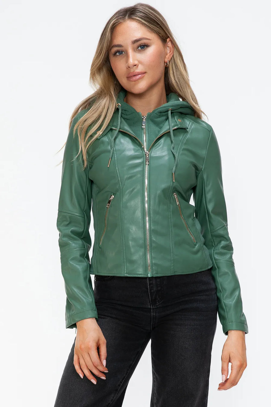 Winter Rosetti — Snobbish Faux Leather Zip Up Drawstring Hooded Jacket