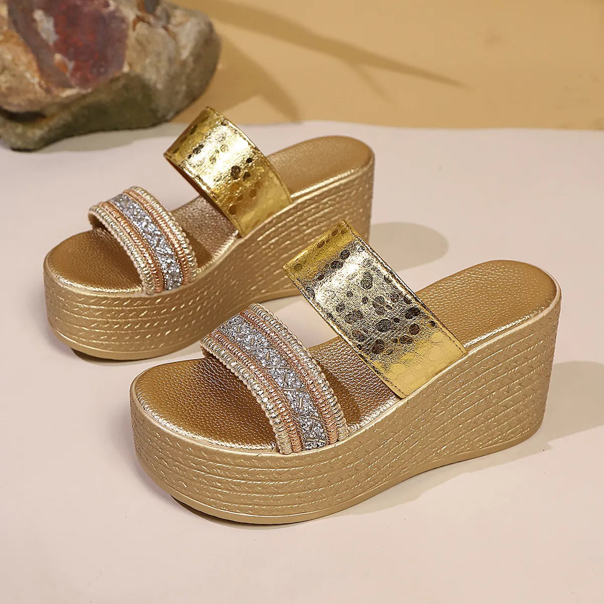 Hollis Bellini — Open Toe Platform Wedge Sandals Gold Fashion Footwear, alternate view 2