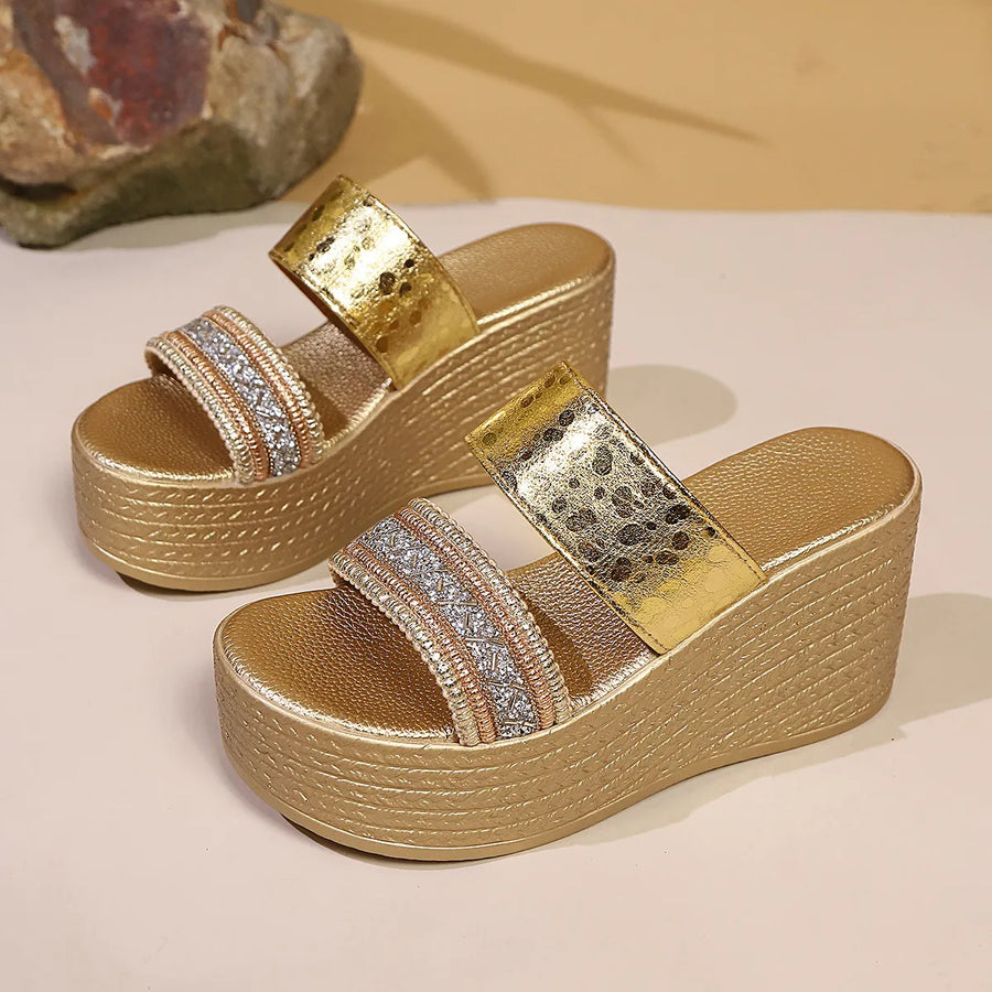 Hollis Bellini — Open Toe Platform Wedge Sandals Gold Fashion Footwear, alternate view 2