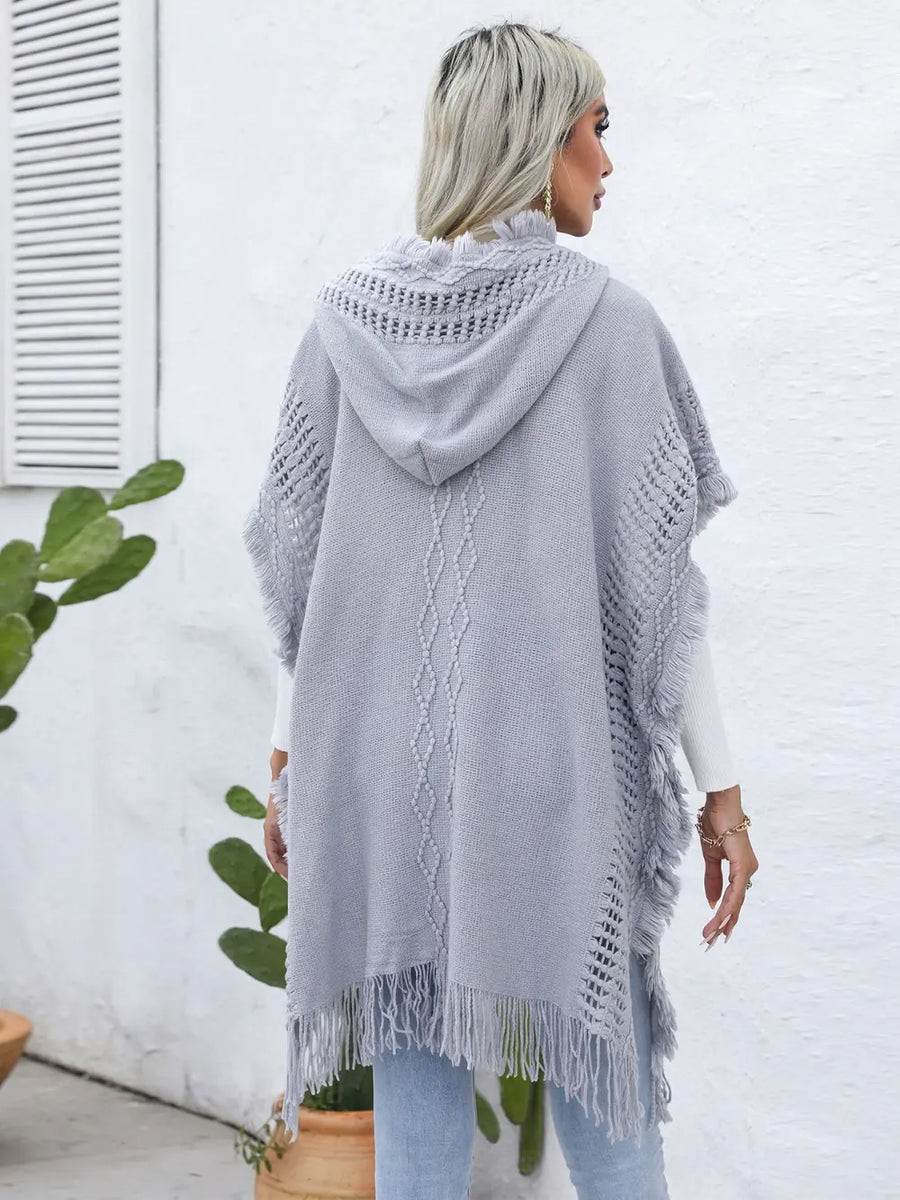 Bellamy Versailles — Fringe Trim Buttoned Hooded Poncho, alternate view 2
