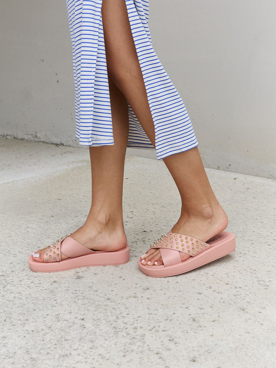 Forever Link Studded Cross Strap Sandals in Blush - Opulent Empire