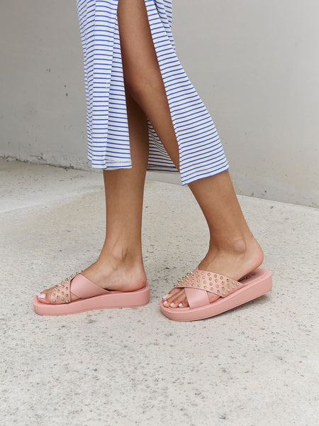 Forever Link Studded Cross Strap Sandals in Blush - Opulent Empire