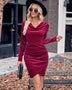 New casual solid color swing collar long-sleeved fan velvet dress