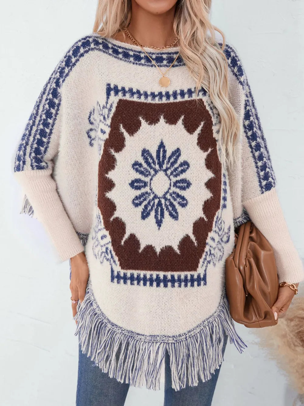 Wren Sorrento — Fringe Geometric Long Sleeve Poncho, alternate view 3