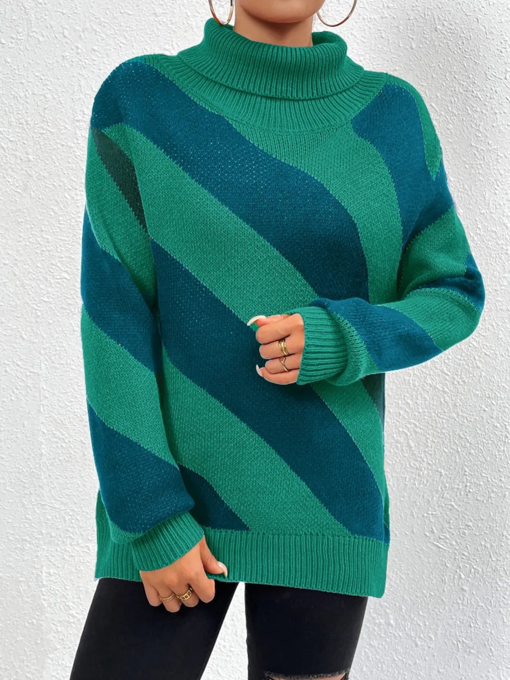 True Valmont — Striped Turtleneck Dropped Shoulder Sweater, alternate view 8