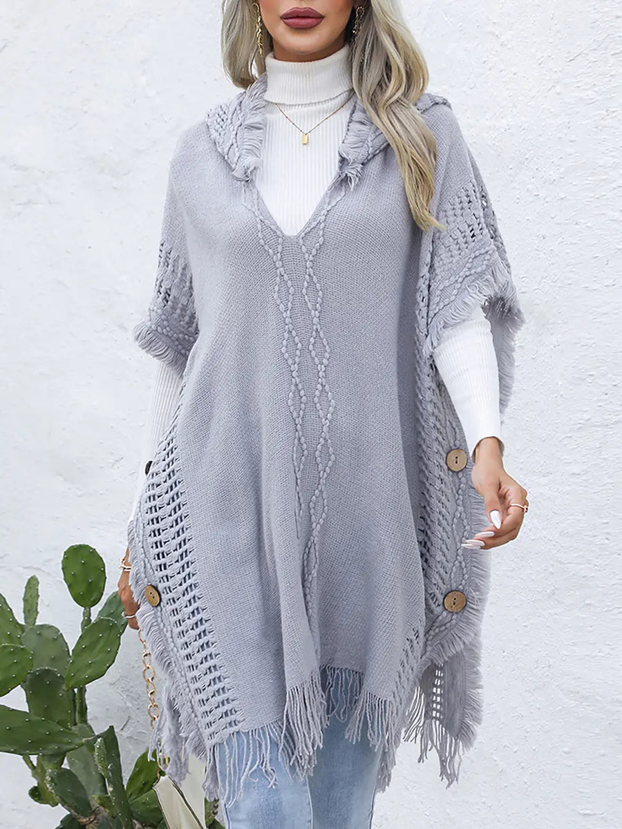 Bellamy Versailles — Fringe Trim Buttoned Hooded Poncho