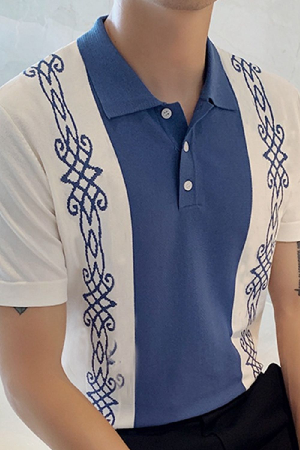 Leander Beaumont — Men's Plus Size Button Detail Short Sleeve Polo Dusty Blue Men's Tailored Shorts, alternate view 3
