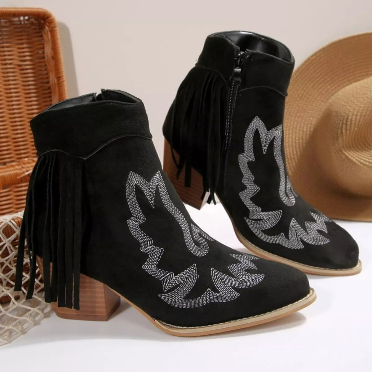 True Rosetti — Fringe Point Toe Block Heels Boots Fashion Footwear, alternate view 2