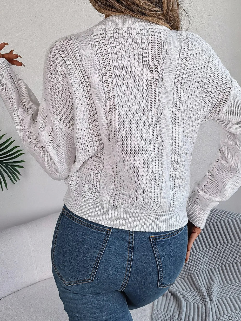 Wren Valmont — Cable-Knit Buttoned Round Neck Sweater, alternate view 8